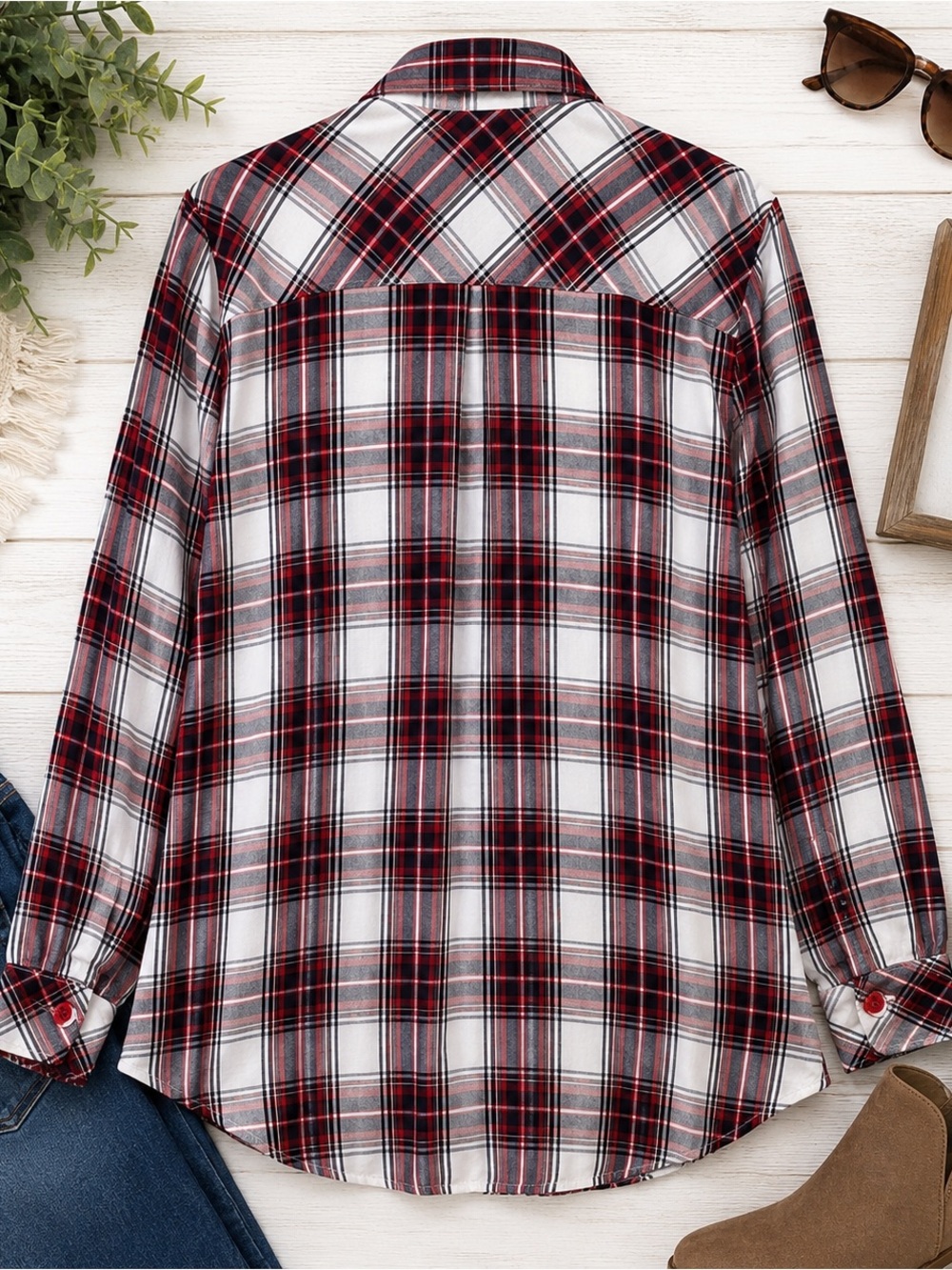 A.L.C. Plaid Button Front Rayon Blouse XL Red Black Long Sleeve Pocket Shirt - Picture 2 of 3